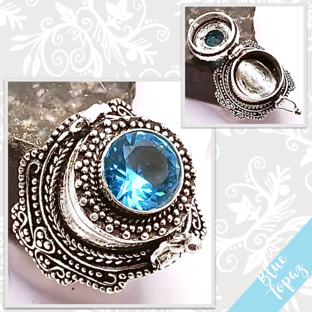 Blue Topaz Eclectic Silver Artisan Poison Ring, Size 9.25 (Light Turquoise Blue)